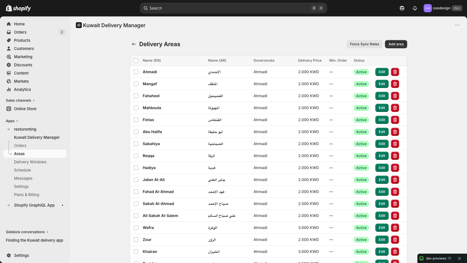 03 / Admin — Configure rates per area, bilingual names.